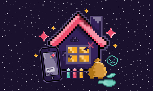 A fun, pixelated graphic of a home with a phone at the front showing 'Report ASB' 