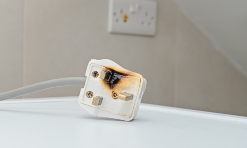 Plug that has been melted and burnt on one side lying on a white surface.