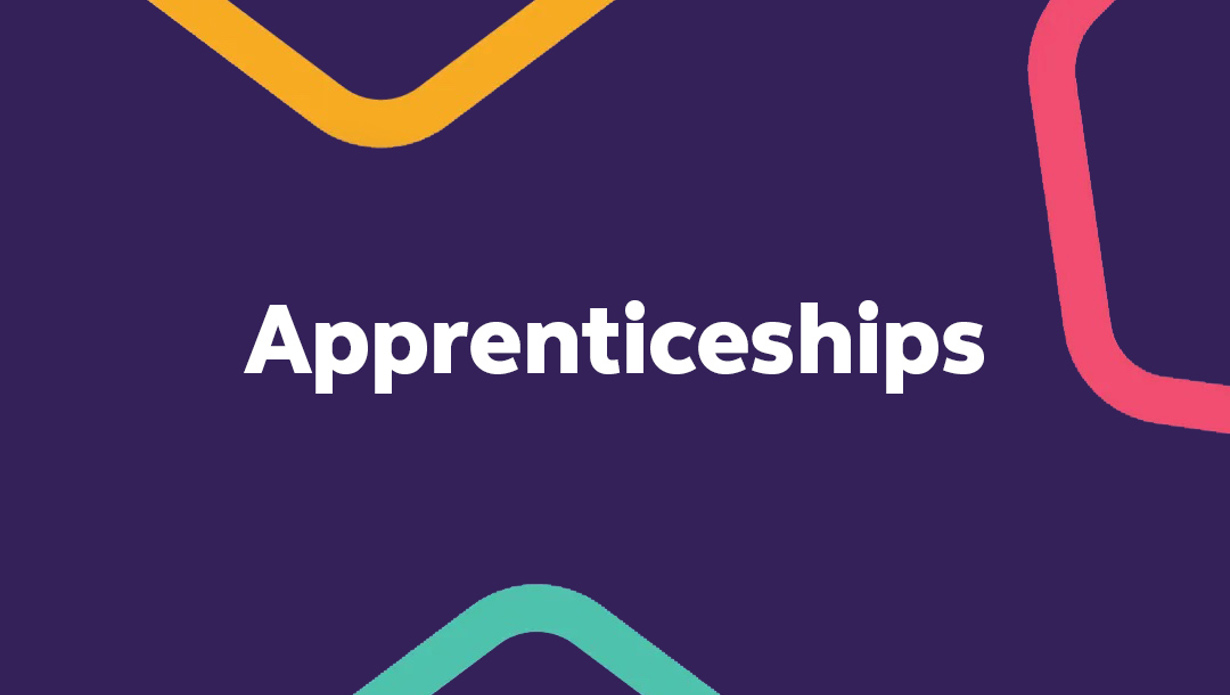 Purple graphic with 'apprenticeships' written on it in white text