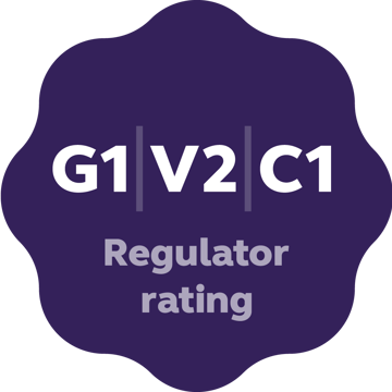A3 Moody's rating in a purple hexagon and G1/V2/C1 regulator rating in a wavy edged purple circle. 
