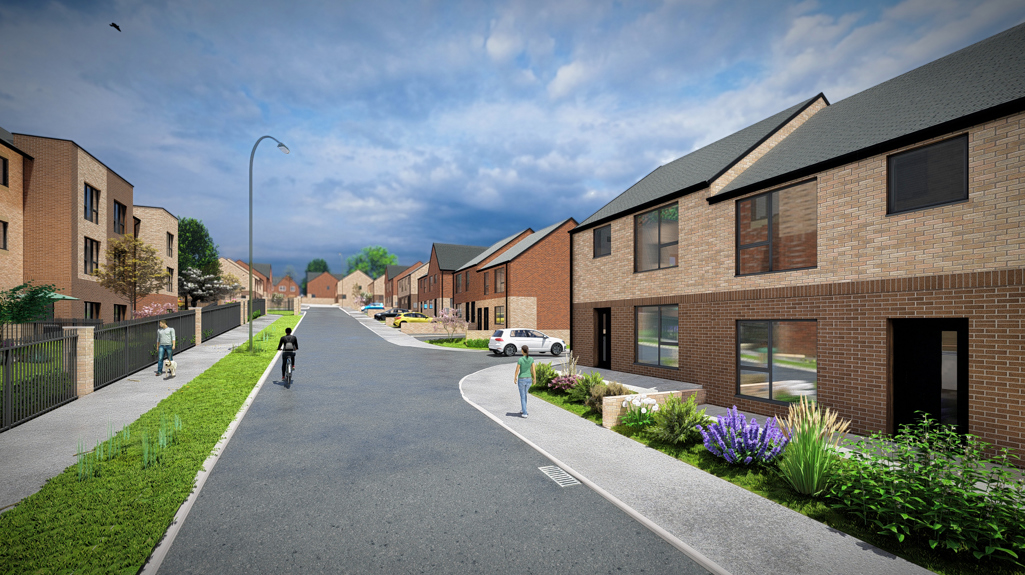 A computer-generated image showing streets and new homes at the housing development at Pinfold Lane, Bridlington.
