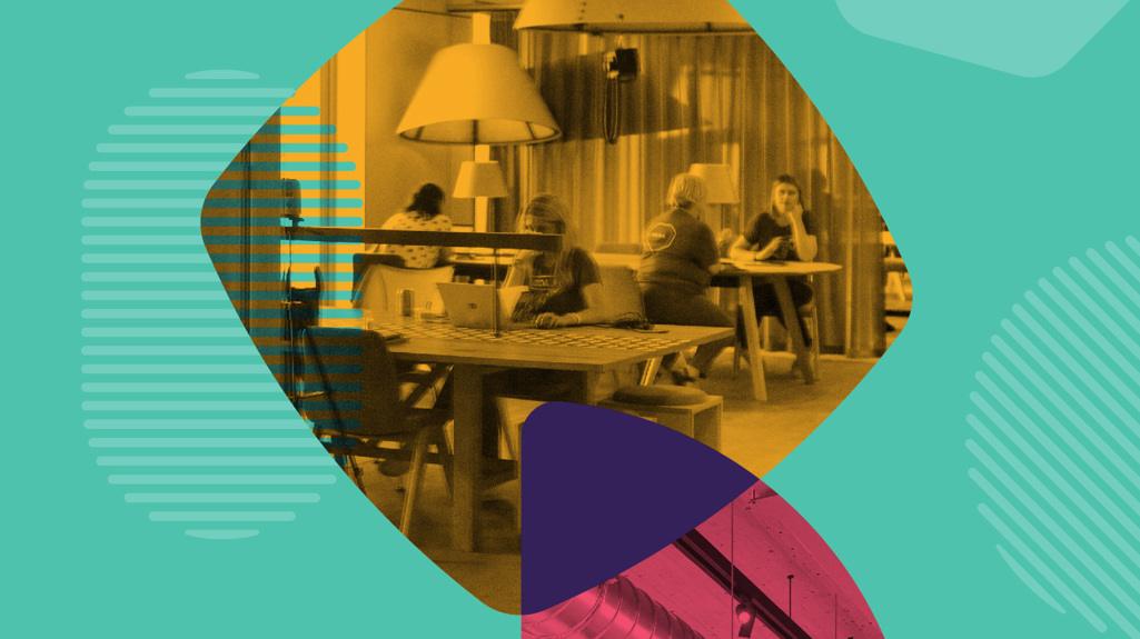 Green graphic with image of The Place with a yellow filter over the top