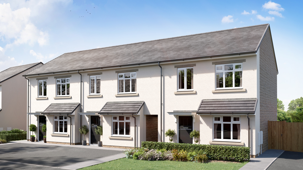 A row of three terraced houses, painted white with gardens and driveways infront of them. 