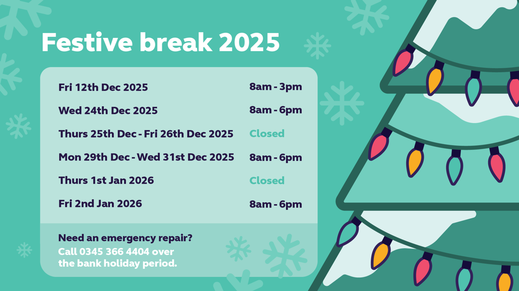 Decorative graphic showing our Christmas opening hours