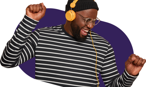 Man with headphones dancing wearing a stripy navy and white top 