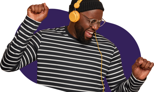 Man with headphones dancing wearing a stripy navy and white top