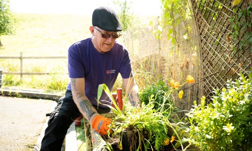 A man wearing a purple tshirt and a flat cap doing some gardening