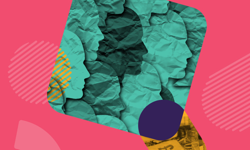 Abstract image of faces on a pink background
