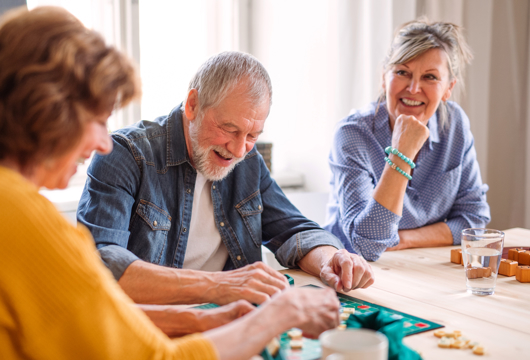 Two women and a man sitting at a table playing a board game