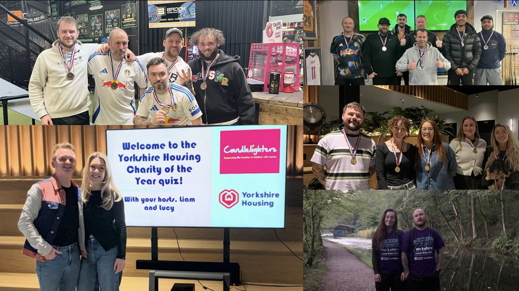 A collage of photos showing Yorkshire Housing colleagues fundraising for Candlelighters. The images include groups of colleagues wearing medals at an indoor social venue, a presentation screen reading “Welcome to the Yorkshire Housing Charity of the Year Quiz” alongside the Candlelighters and Yorkshire Housing logos, and two colleagues wearing purple Yorkshire Housing charity T‑shirts standing on a woodland path. All photos highlight team fundraising activities and events supporting Candlelighters.