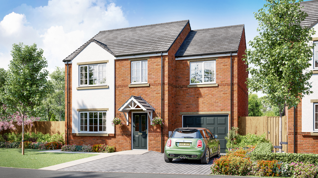 Artist's impression of a detached house on a sunny day with a Mini car outside. The house is mainly red brick with a white painted panel to the left. It's got the door in the middle and a garage to the right in-built into the house.