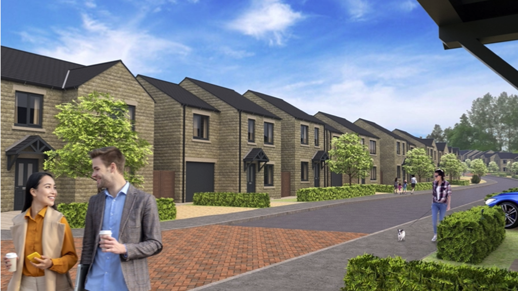  Young couple walking in street of new houses