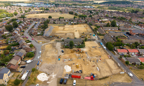 Aerial view of the Colliery Gate development site in Monk Bretton, Barnsley, showing groundworks underway for 72 new affordable homes.