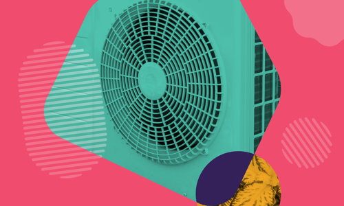 Cut out picture of an air source heat pump in green on a pink background