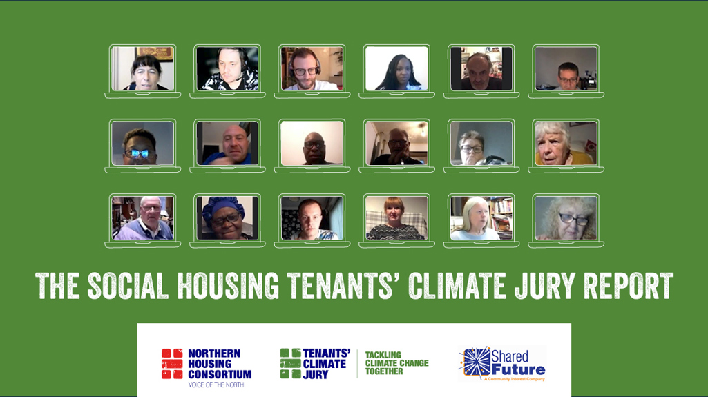 Image showing 18 social housing tenants on video call above title The Social Housing Tenants' Climate Jury Report