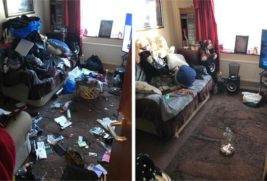 Before and after images of a living room, before showing it cluttered and after showing it tidy.