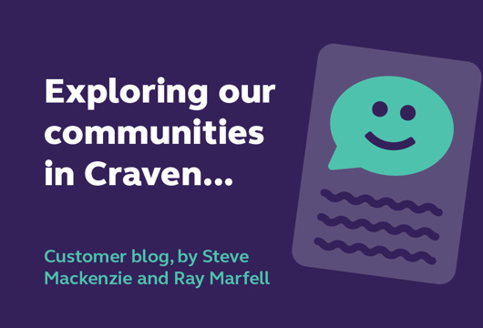 Purple graphic with a smiley face in a speech bubble saying 'Exploring our communities in Craven.'